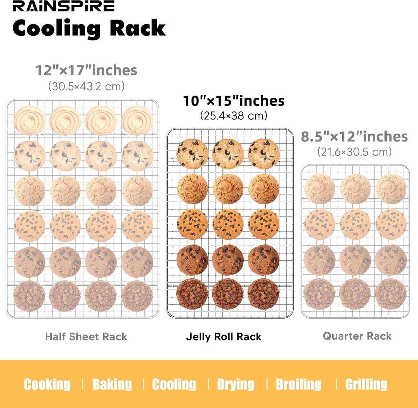 Oven-Safe Dishwasher-Safe 100% 304 Stainless Steel Cooling Rack 10" x 15" Heavy Duty Tight-Wire Set of 2 Fits Jelly Roll Pan Half Sheet Pan