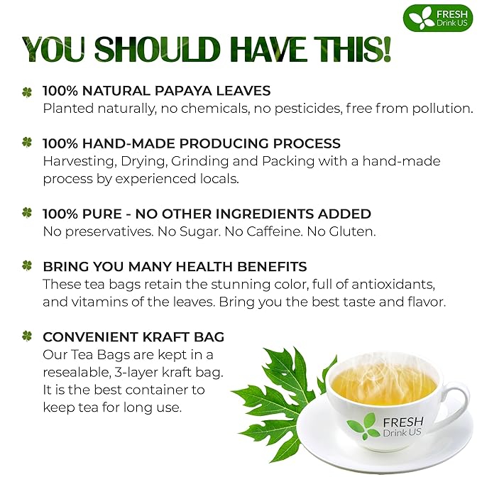 FreshDrinkUS, Premium 25 Papaya Leaf Tea Bags, 100% Natural & Pure from Papaya Leaves. Loose Leaf Papaya Herbal Tea. Made with Natural Material Tea Bags. No Sugar, No Caffeine, No Gluten, Vegan.