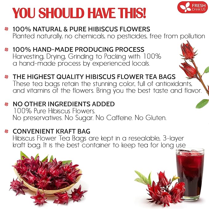 FreshDrinkUS Premium 30 Hibiscus Tea Bags, 100% Natural & Pure, Loose Flower Herbal Tea, No Sugar, Caffeine, Gluten, Vegan