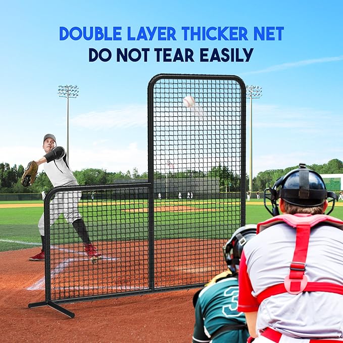 Yes4All Portable L-Screen Baseball 7x7ft with 2 Baseballs, Rubber Wheels - L Screen Baseball for Batting Cage, Protective Pitching Screen Net Double Layers, Carry Bag Included