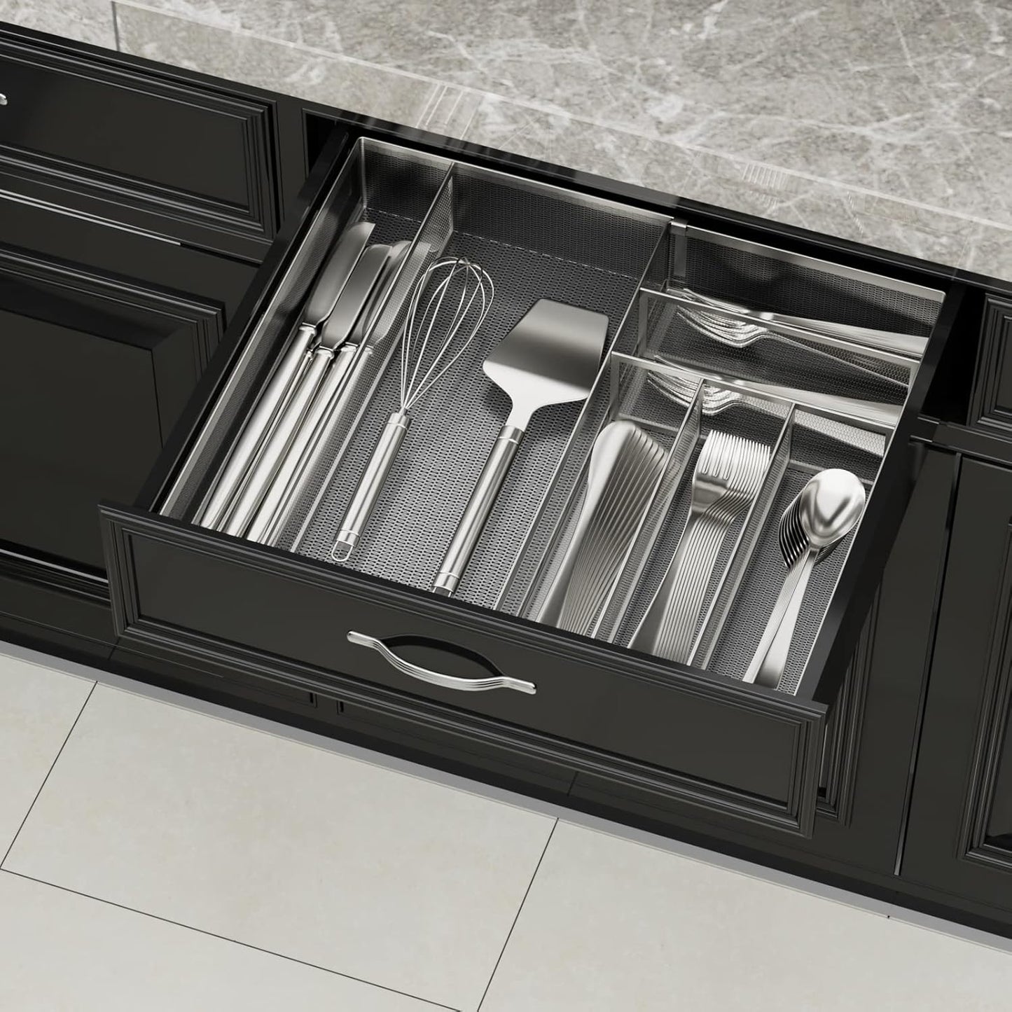 JANE EYRE Utensil Drawer Organizer - Expandable Cutlery Tray, Silverware/Flatware Storage Divider for Kitchen, Mesh Designing with Non-slip Rubber Feet (Silver)