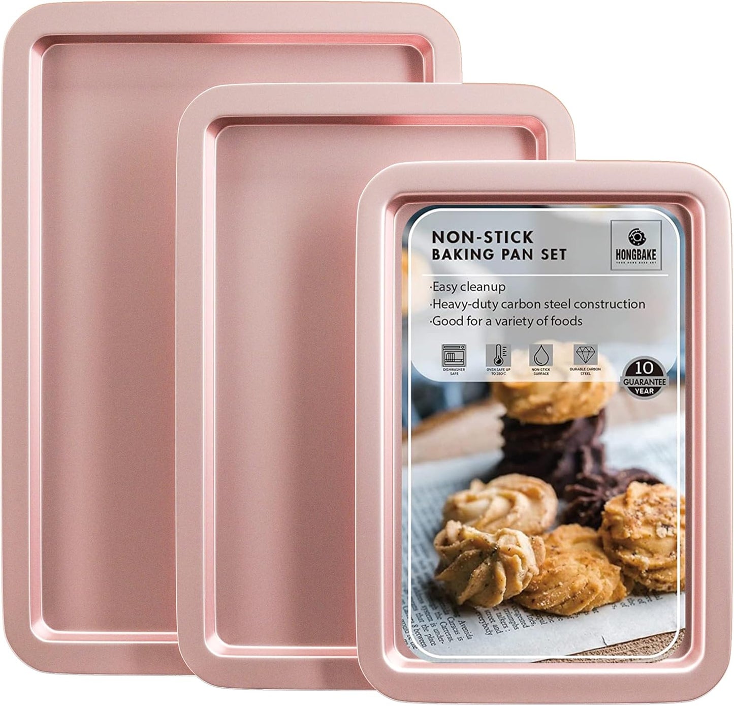 HONGBAKE Baking Sheet Pan Set, Cookie Sheet for Oven, Nonstick Bakeware Sets with Wider Grips, 3 Pack Half/Jelly Roll/Quarter Baking Tray, Premium, Dishwasher Safe-Pink