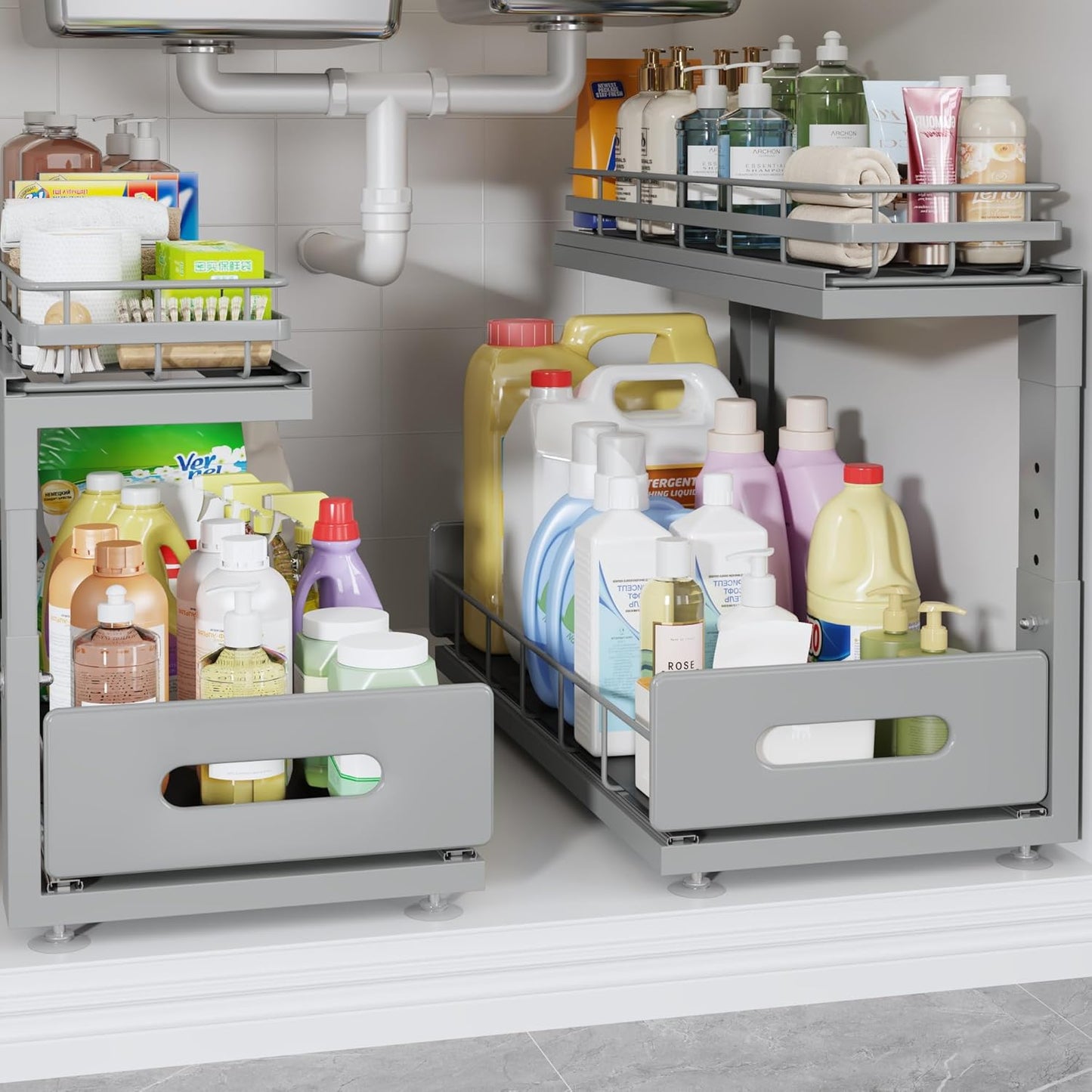 2 Pack 18 IN Depth Under Sink Organizer with Smooth Ball Bearing Slides,2-Tier Pull Out Cabinet Storage,Slide Out Drawers for Bathroom&Kitchen,Rust-resistant Coating,Height Adjustable-Gun Gray