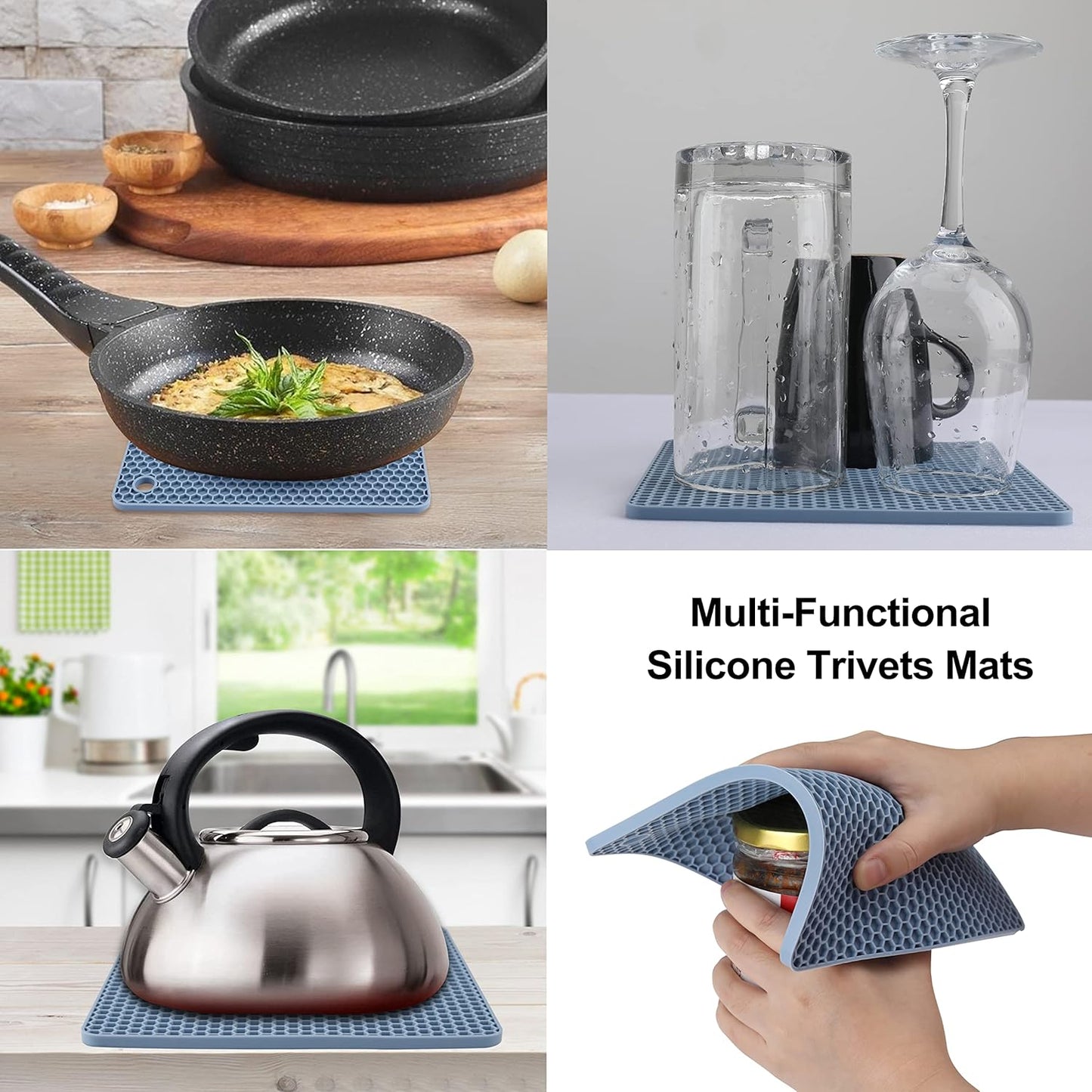 4 Pack Silicone Trivet Mat, Silicone Trivets for Hot Pots and Pans, Non-Slip & Heat Resistant Silicone Hot Pad for Kitchen Counter Mat Set, Soft Drying Mat, Jar Opener and Coasters, Square, Blue