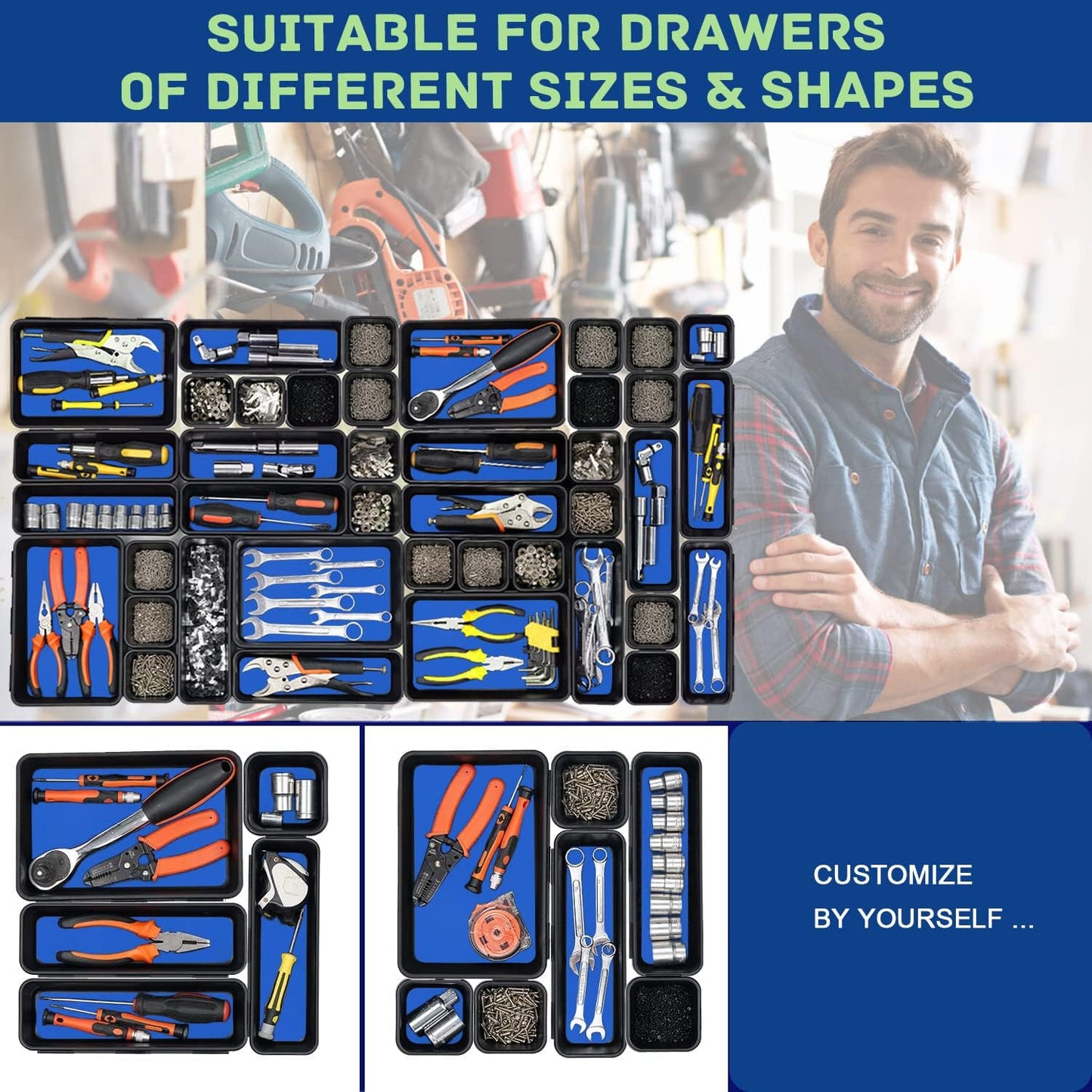 Tool Box Organizer, Tool Drawer Organizer Tray Divider, Toolbox Organization, Garage Tool Organizers and Storage, Tool Box Accessories for Rolling Tool Chest Cabinet (Blue (47PCS))