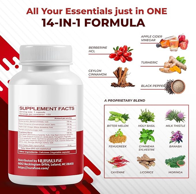 Berberine 14-in-1 Supplement with Ceylon Cinnamon Apple Cider Vinegar Turmeric Bitter Melon Holy Basil Milk Thistle Fenugreek Gymnema Banaba - Made in The USA