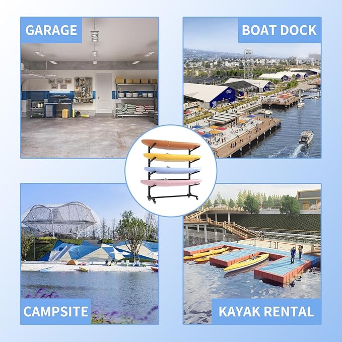 Kayak Storage Rack, Heavy Duty Kayak Stand Canoe Rack with Wheels, Freestanding Kayak Holder Stand for Kayaks, Canoes, Surfboard, Paddleboard Storage