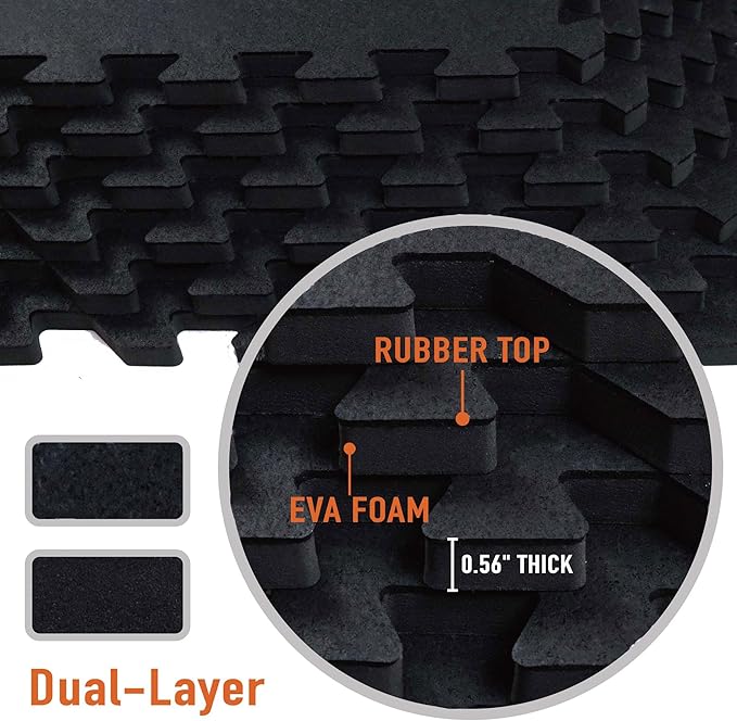 AIRHOP 0.56in Thick 24 Sq Ft Exercise Equipment Mats, 6 Tiles Upgraded Rubber Top with High Density EVA Foam, Large Interlocking Puzzle Gym Flooring for Home Gym, Heavy Weight Workout,Black