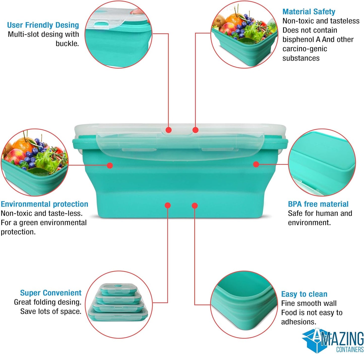 AMAZING CONTAINERS™ Collapsible Silicone Food Storage Container Set of 4 with Lids | Stackable | Microwaveable | Freezer, Dishwasher Safe| BPA Free
