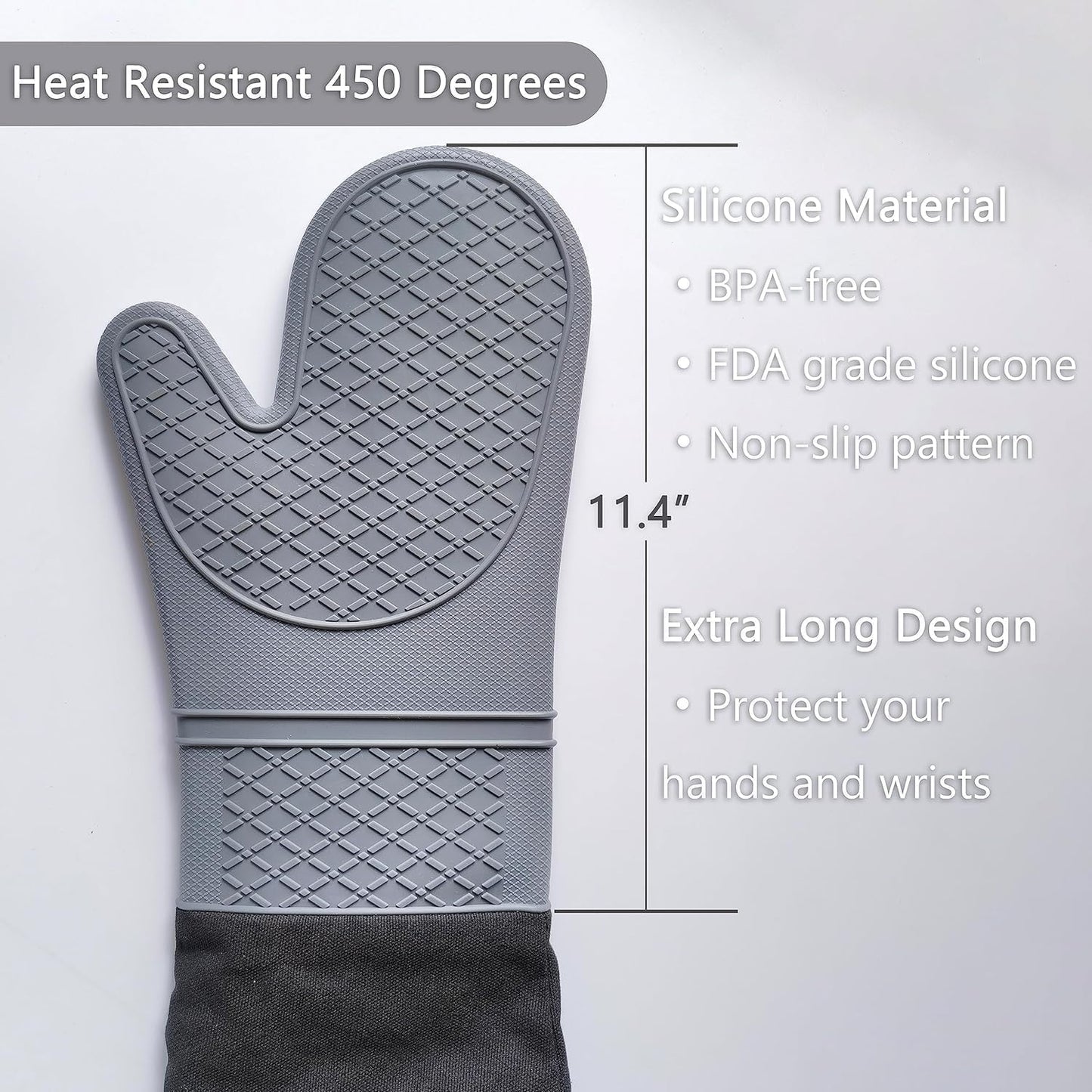 Extra Long 19.5",Silicone Oven Mitts Heavy Duty Commercial Grade Oven Mitts Heat Resistant BBQ Gloves with Quilted Cotton Lining 2 Pack (Gray)