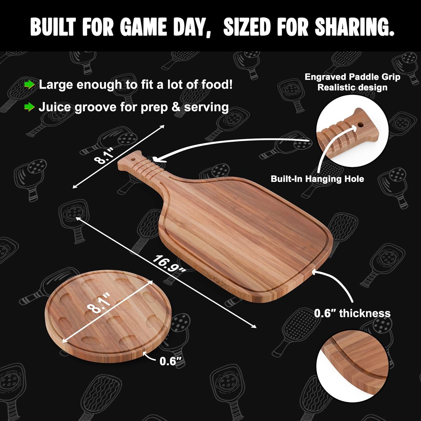 New – Set of Pickleball Paddle & Ball Charcuterie Board Set – Acacia Wood Cheese & Cutting Board (16.9” x 8.1”) Pickleball Gifts for Men/Women, Pickle Ball Plates, Pickle Ball Accessories