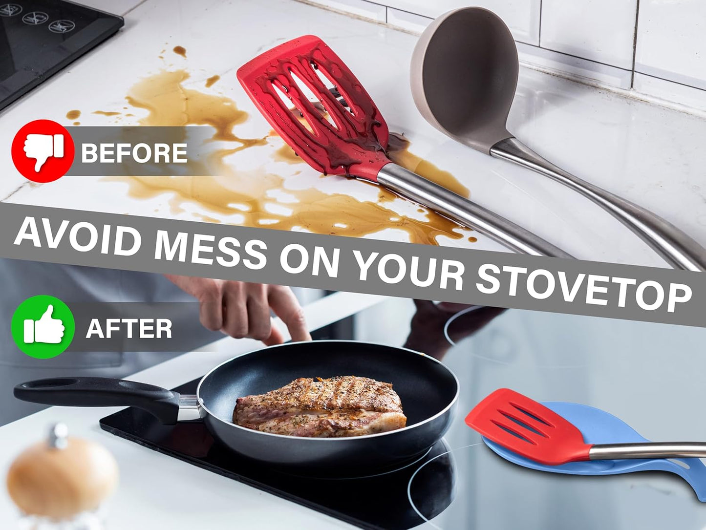 Silicone Spoon Rest for Stove Top, Set of 2 - HEAT RESISTANT, EASY TO CLEAN Kitchen Spoon Rest for Kitchen Counter, Holds XL Utensils, Safe on GLASS & INDUCTION Cooktops, DOESN’T BREAK if Dropped