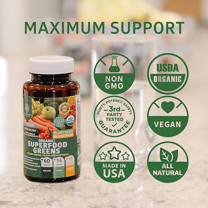 USDA Organic Superfood Greens [28 Powerful Ingredients] Natural Super Greens Capsules, Fruit and Veggie Supplement with Alfalfa, Beet Root and Ginger to Support Energy and Immunity, 60 Tablets