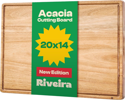 Riveira Acacia Wood Cutting Board – Gourmet Acacia Grandeur: 20 x 14 Wooden Cutting Board – Natural Wooden Cutting Boards For Kitchen Decorative – Innovative Juice Grooves Acacia Wooden Chopping Board