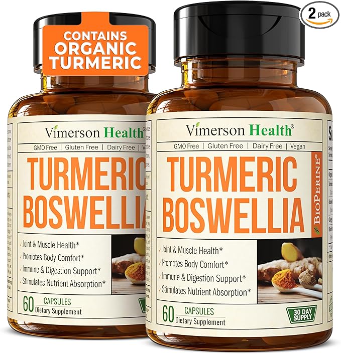 Turmeric Supplement with 65% Boswellia Extract Capsules - Turmeric Curcumin Supplement 95% Curcuminoids - Boswellia Serrata, Black Pepper, Organic Turmeric & Ginger root capsules - Tumeric Caps 2-Pack