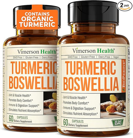 Turmeric Supplement with 65% Boswellia Extract Capsules - Turmeric Curcumin Supplement 95% Curcuminoids - Boswellia Serrata, Black Pepper, Organic Turmeric & Ginger root capsules - Tumeric Caps 2-Pack