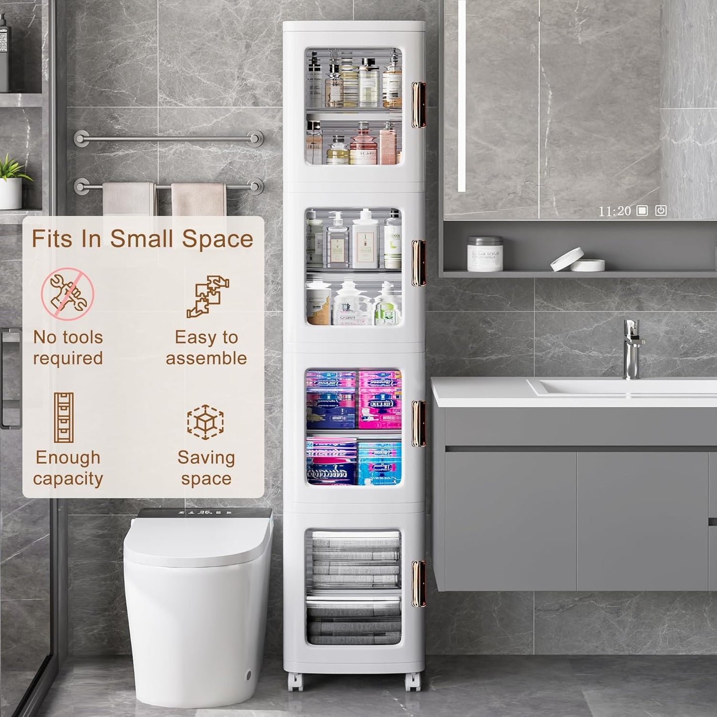 VECELO 4-Tier Plastic Tall Narrow Storage Cabinet with Movable Wheels, Adjustable Shelves, Magnetic Doors, Slim Bathroom Organizers and Storage for Small Space, Bathroom, Kitchen, Laundry, White