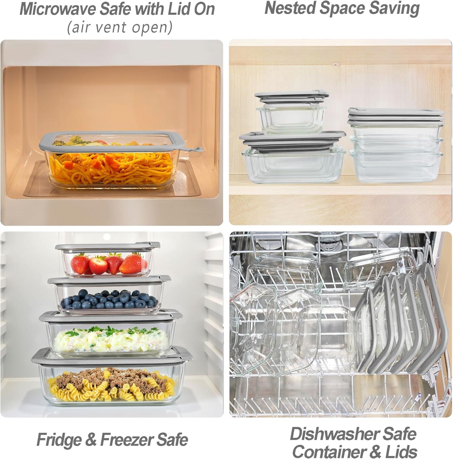 Glass Food Containers with Glass Lid, Microwave Safe Food Storage Container Set, 2 Pack of 50oz, Large Size Airtight Storage Set with Leak Proof Lids, Meal Prep Containers