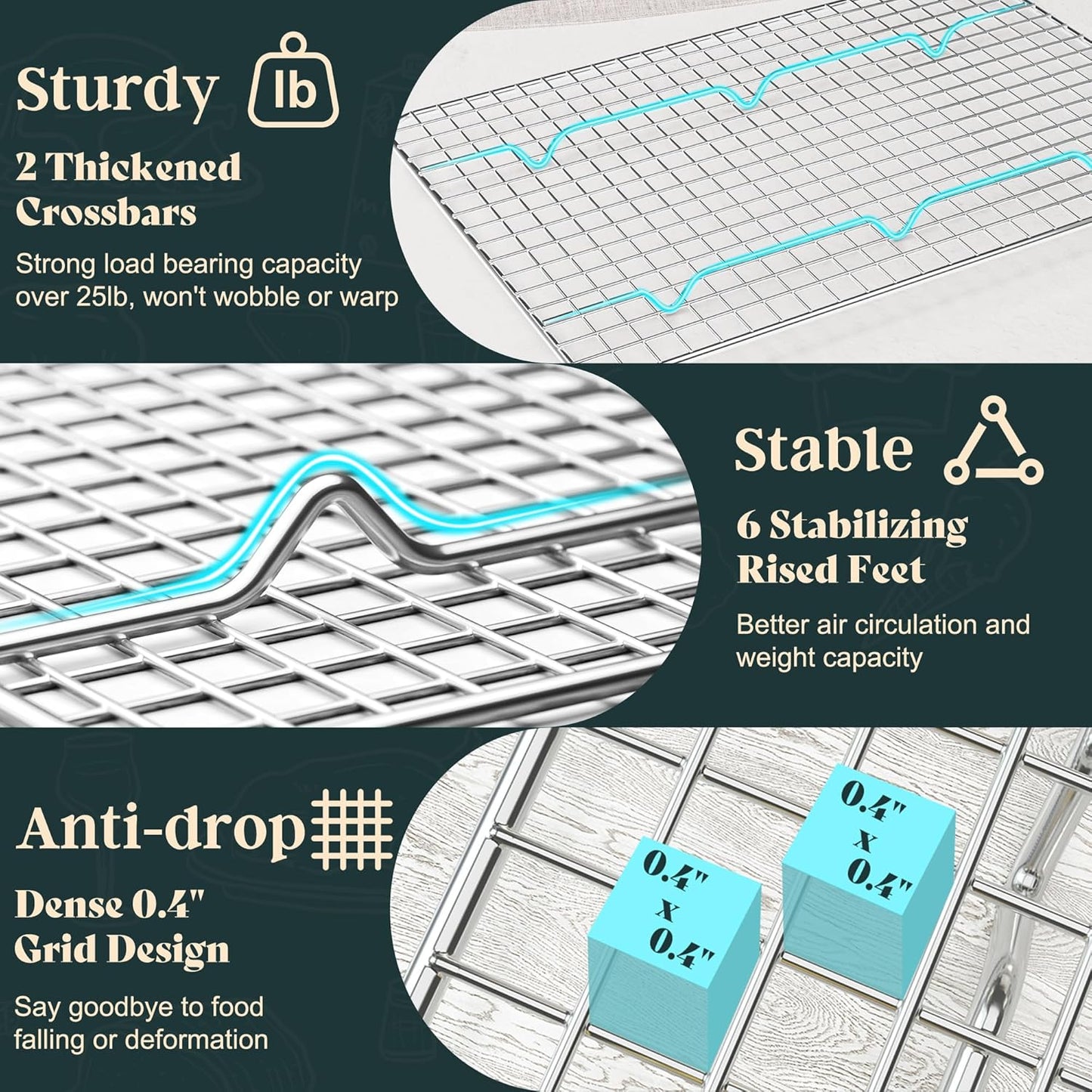 Cooling Racks for Cooking and Baking-8.5"x12" Oven Safe Premium Stainless Steel Heavy Duty Baking Rack Tight-Wire, Fits Quarter Sheet Pan for Roasting & Grilling & Cooking-1 Pack
