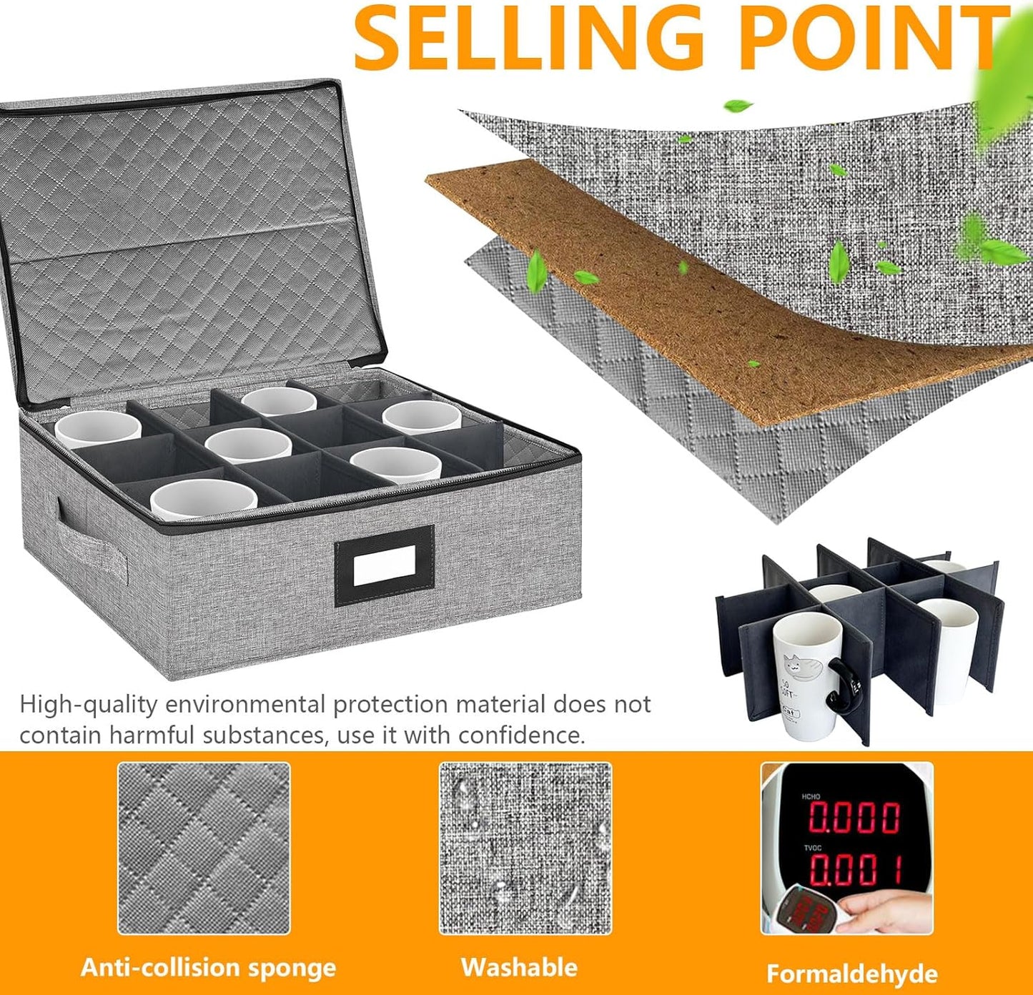 Coffee Mug Storage Box with Dividers, China Storage Containers Hard Shell ,Glassware Storage Containers with Zipper Lid and Handles, Stackable for 12 Mugs, Tea Cups, Moving & Packing (Light Grey)