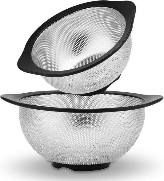 Rorence Stainless Steel Colanders Set for Kitchen - 2.5 and 4.3 Quart Capacities Kitchen Strainer Set of 2 with Black Non-Slip Handles