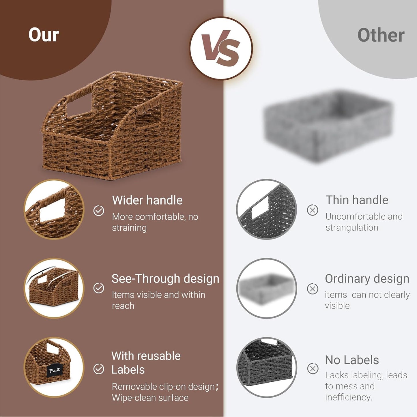 Wicker Baskets for Organizing,Pantry, Kitchen Counter with Handles, Handwoven Wicker Storage Baskets for Fruit, Bread, Vegetable, Boho Decoration, Paper Storage Bins for Shelves, 3 Pack, Brown