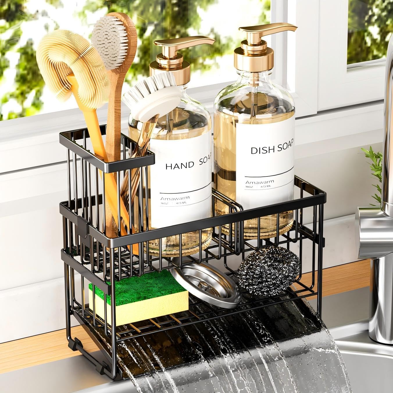 Sponge Holder for Kitchen Sink, 2 Tier Sink Caddy Organizer with High Brush Holder, Self-Draining Sponge Holder for Sinks, Soap Dispenser Organizer, Rustproof 304 Stainless Steel, Black