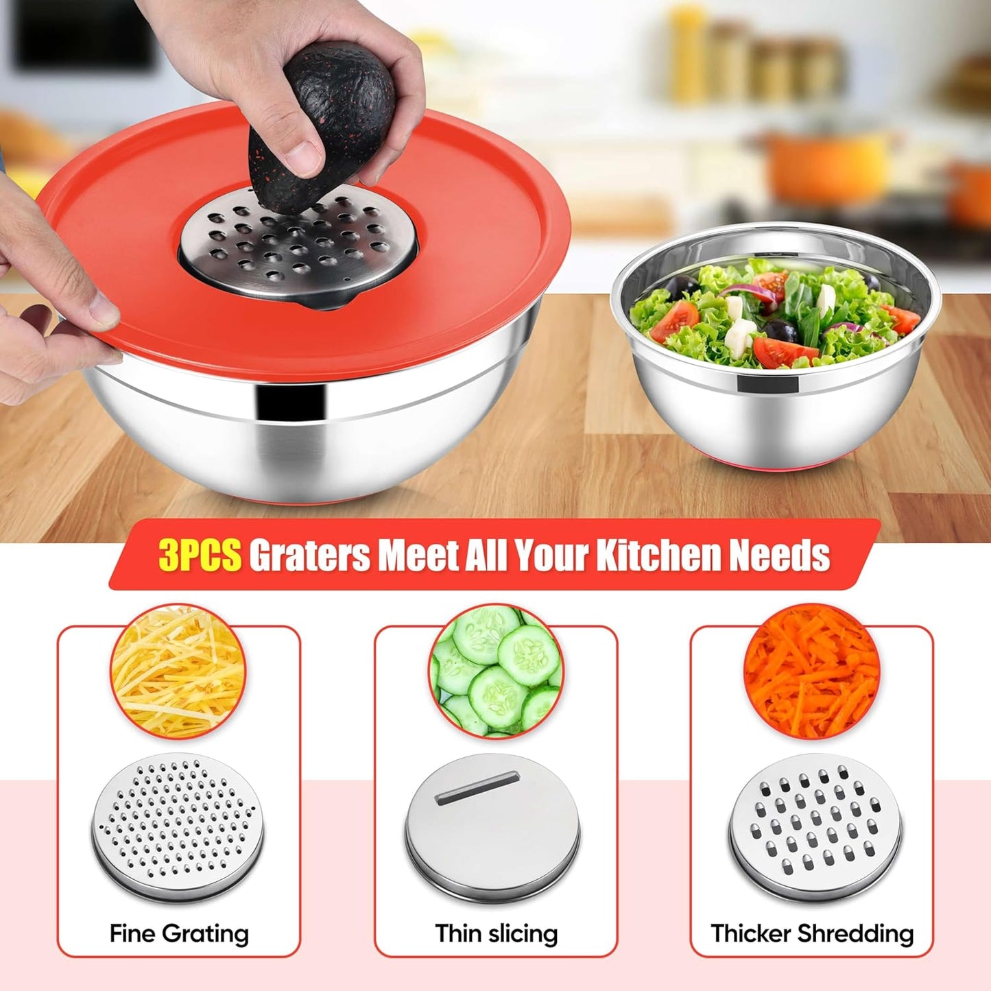 E-far Stainless Steel Mixing Bowls with Lids Set, 5-Piece Nesting Salad Bowls with 3 Grater Attachments and Non-Slip Bottoms, Size 4.6, 2.6, 2, 1.5, 1QT for Kitchen (Red)