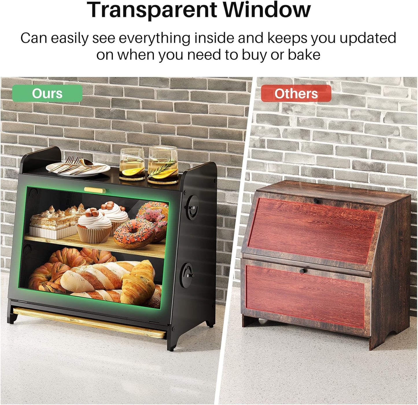 SNTD Bread Box, Wooden Bread Storage Container for Kitchen Countertop with Bamboo Cutting Board, Black (L)