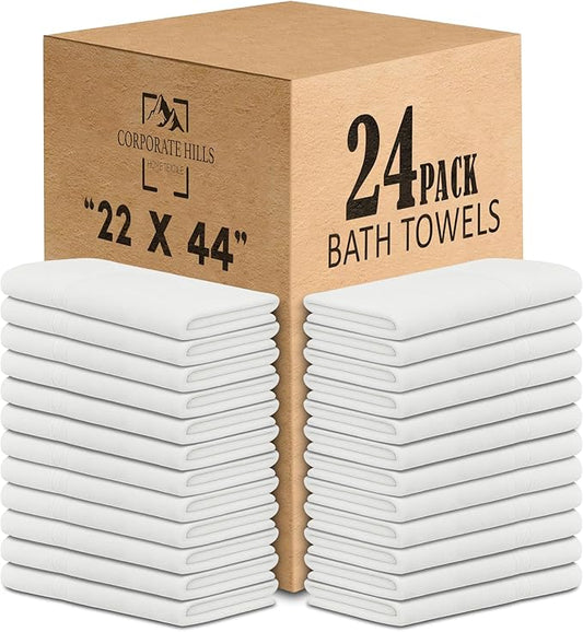 CH White Bath Towels Bulk - 22 x 44 Inches, 100% Cotton Economy Light Weight Towels for Commercial Use - Quick Dry, Ultra-Soft, and Absorbent Bulk Towels (24 Pack)