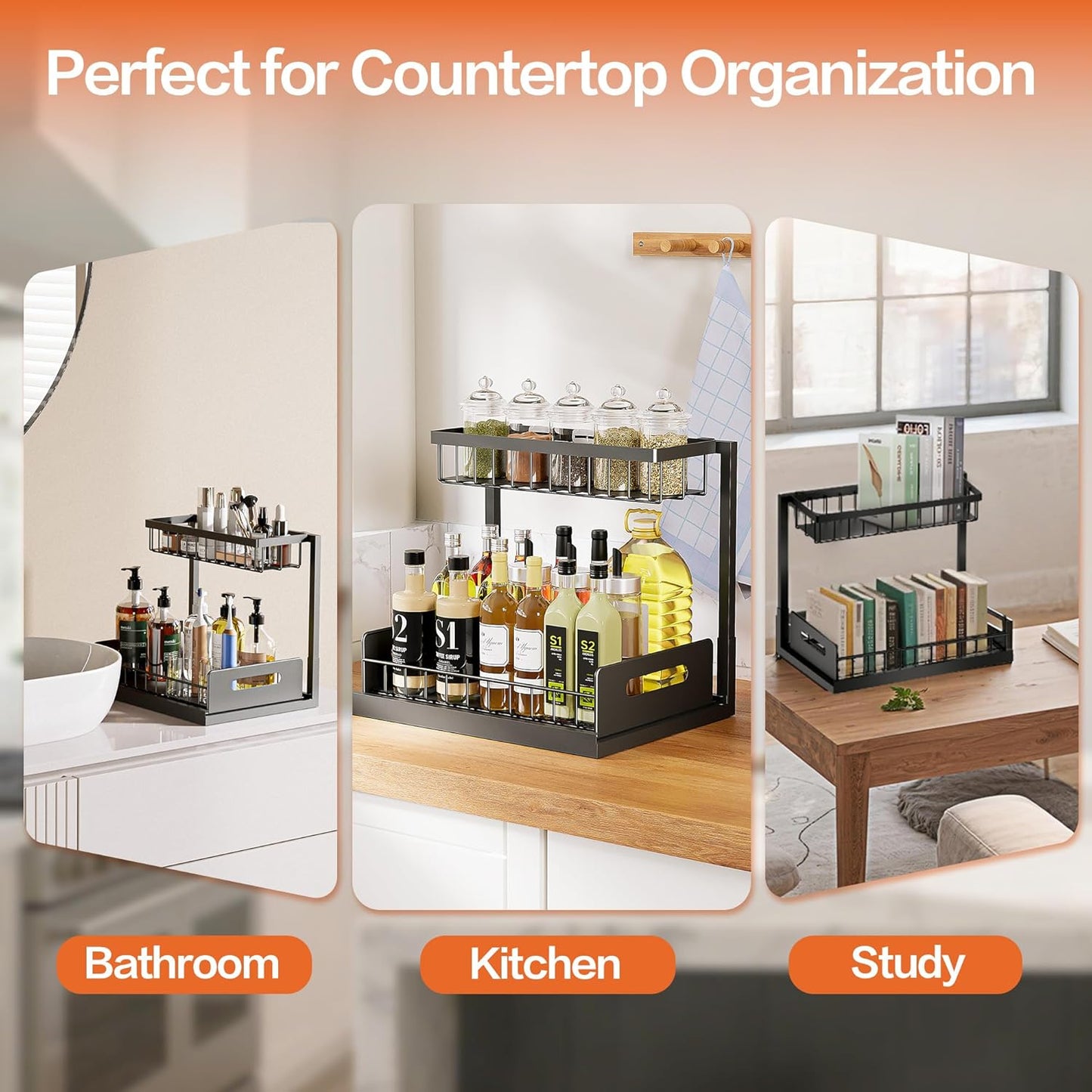 VUSIGN Under Sink Organizer, 2 Tier Pull Out Bathroom Cabinet Organizer, Under Kitchen Sink Organizers and Storage, Under Sink Shelf,1 Pack, Black