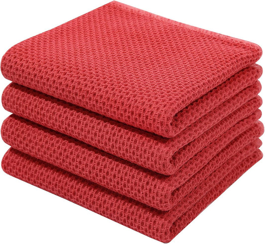 Homaxy 100% Cotton Waffle Weave Kitchen Dish Towels, Ultra Soft Absorbent Quick Drying Cleaning Towel, 13 x 28 Inches, 4-Pack, Brick Red