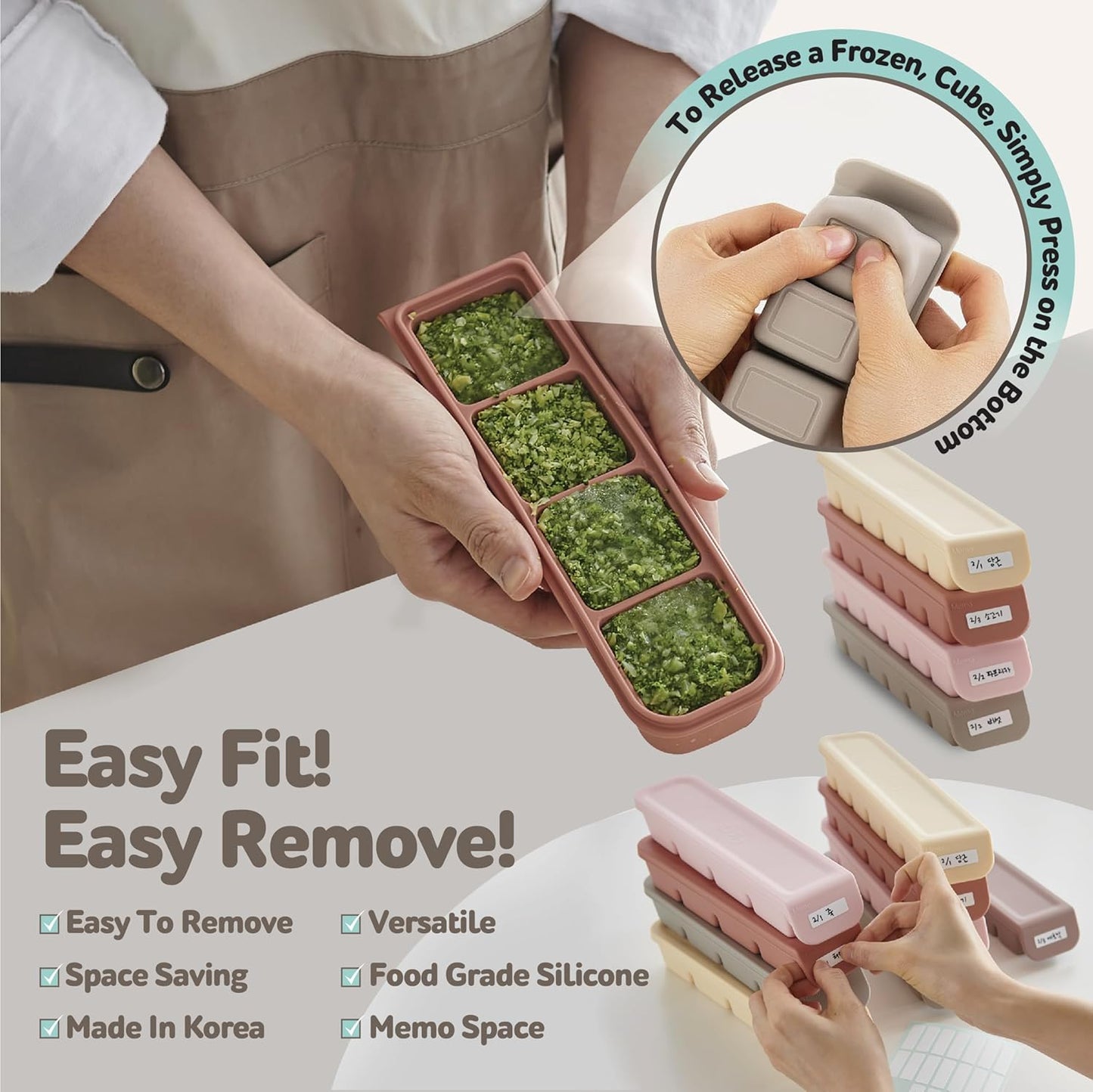 Silicone Freezer Trays with Lid, 1.7oz 4 Section - Leak Proof Silicone Freezer molds for Homemade Baby Food Breastmilk, Purees, Vegetables, Baby Food Jars Ice Tray with Lid BPA Free Indie Pink