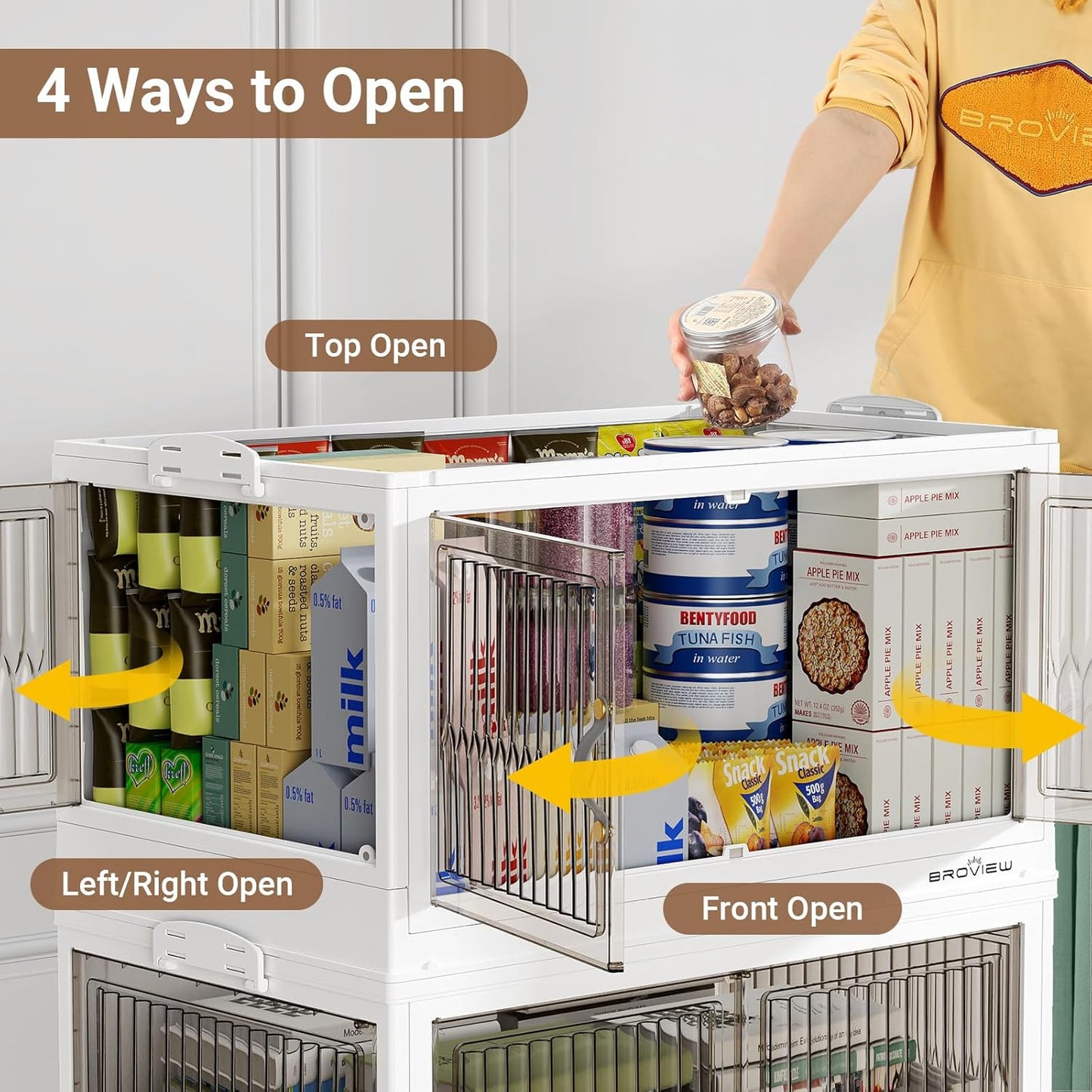 480QT Large Stackable Storage Bins with Lids, Plastic Closet Organizer and Storage Drawer, Collapsible Storage Box with Wheels, Folding Storage Cabinet with Doors for Home Kitchen, 4Pack White