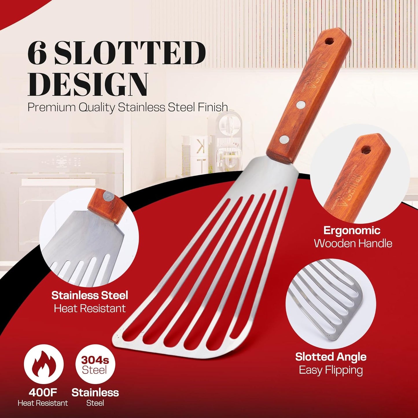 Fish Spatula Stainless Steel 2 Slotted Fish Spatulas for Nonstick Cookware - Elegant Silver Finish Turner Spatula with Ergonomic Wooden Grip Size 11” Blade Ideal for Home and Professional Chefs