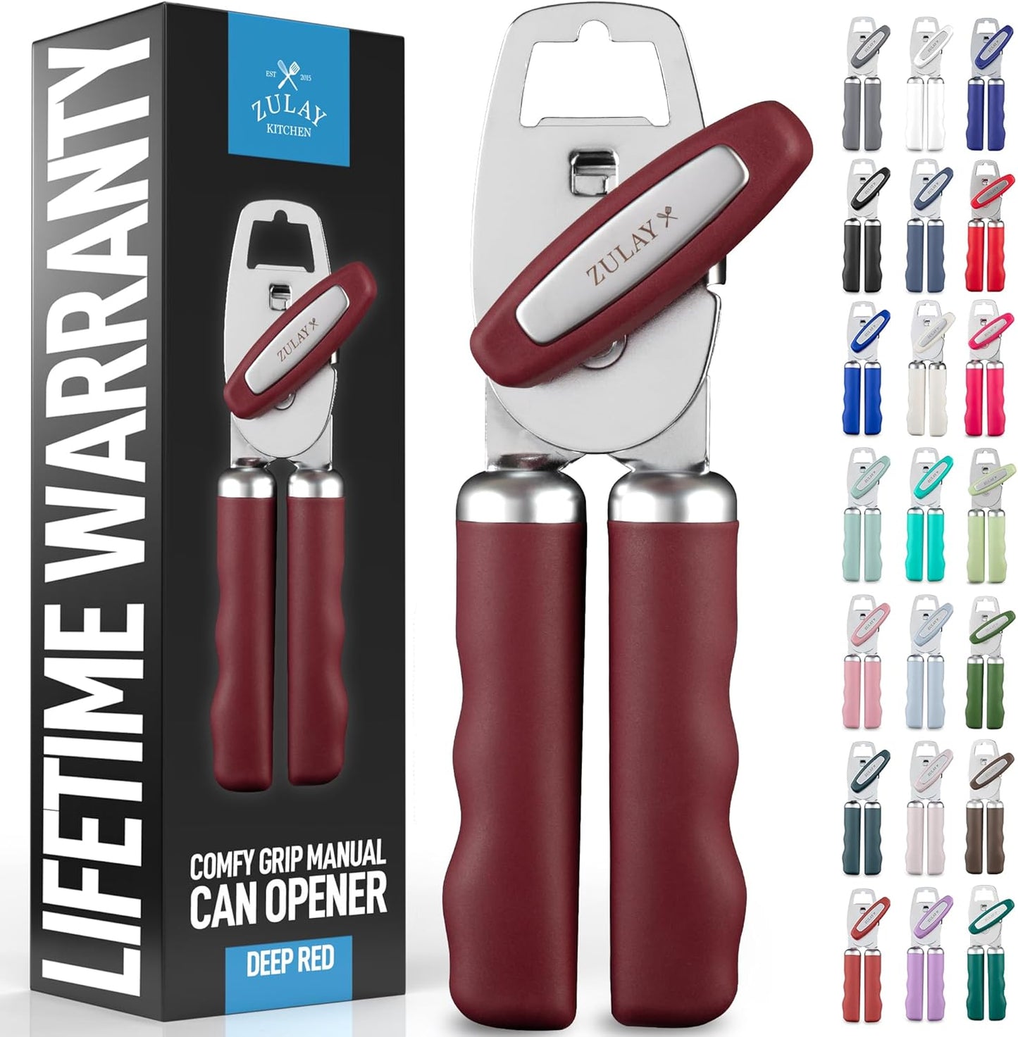 Zulay Kitchen Heavy Duty Stainless Steel Can Opener Manual with Bottle Opener - Rust Proof Manual Can Opener With Turn Knob & Comfy Soft Grip Handles - Deep Red