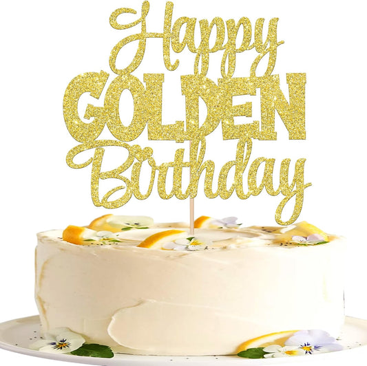 1 PCS Happy Golden Birthday Cake Topper Gold Glitter Birthday Cake Pick 1/13/16/18/21/30/40/60/70/80/90th Cake Decorations for Celebrating 50th Anniversary Theme Party Supplies