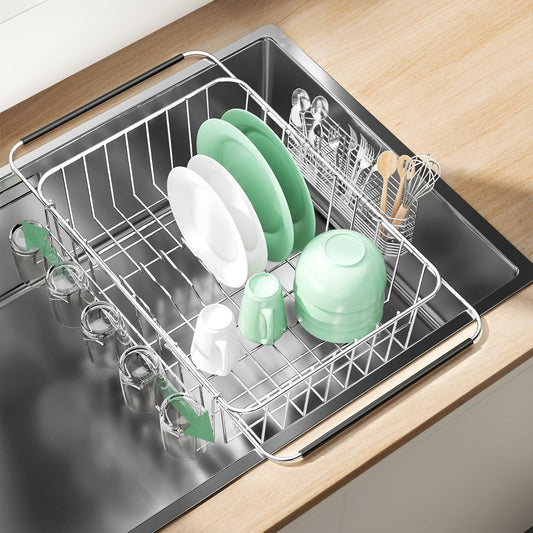 Dish Drying Rack in Sink, Extendable Stainless Steel Dish Drainers for Kitchen Counter, Anti-Rust Dish Dryer Rack with Utensil & Cup Holders, for Inside Sink, Over The Sink