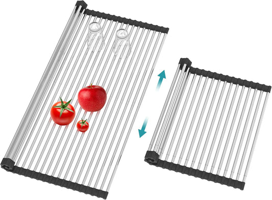 BBXTYLY Extra Large Expandable Roll Up Dish Drying Rack,Over The Sink Drying Rack Sink Cover Kitchen Sink Accessories Kitchen Rolling up Stainless Steel Drainer, Foldable,Rollable（Black，22.8''-17''）