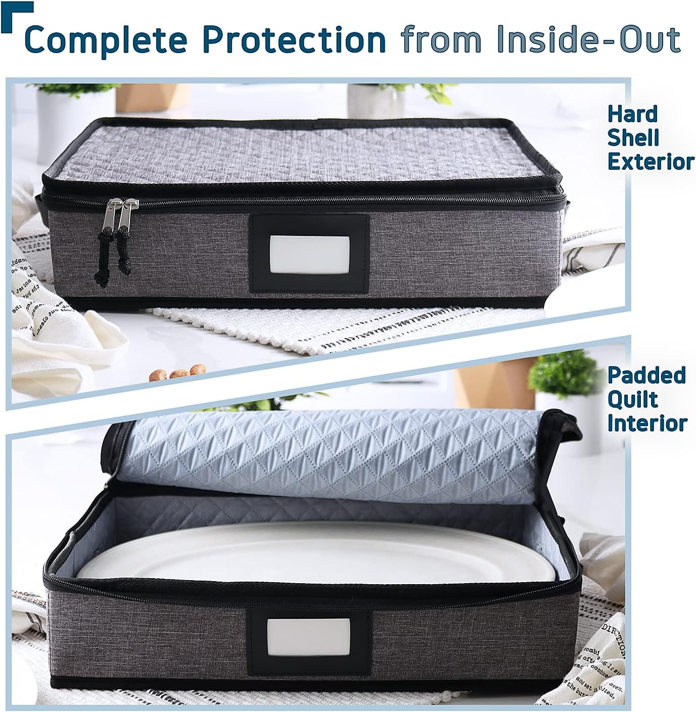 Platter Storage Case, Fine China Storage Containers Hard Shell, Quilted and Stackable 16”x 12.5”x 3.5” Platter Storage Container with Zipper, Handles and Felt Dividers for Moving and Seasonal Storage