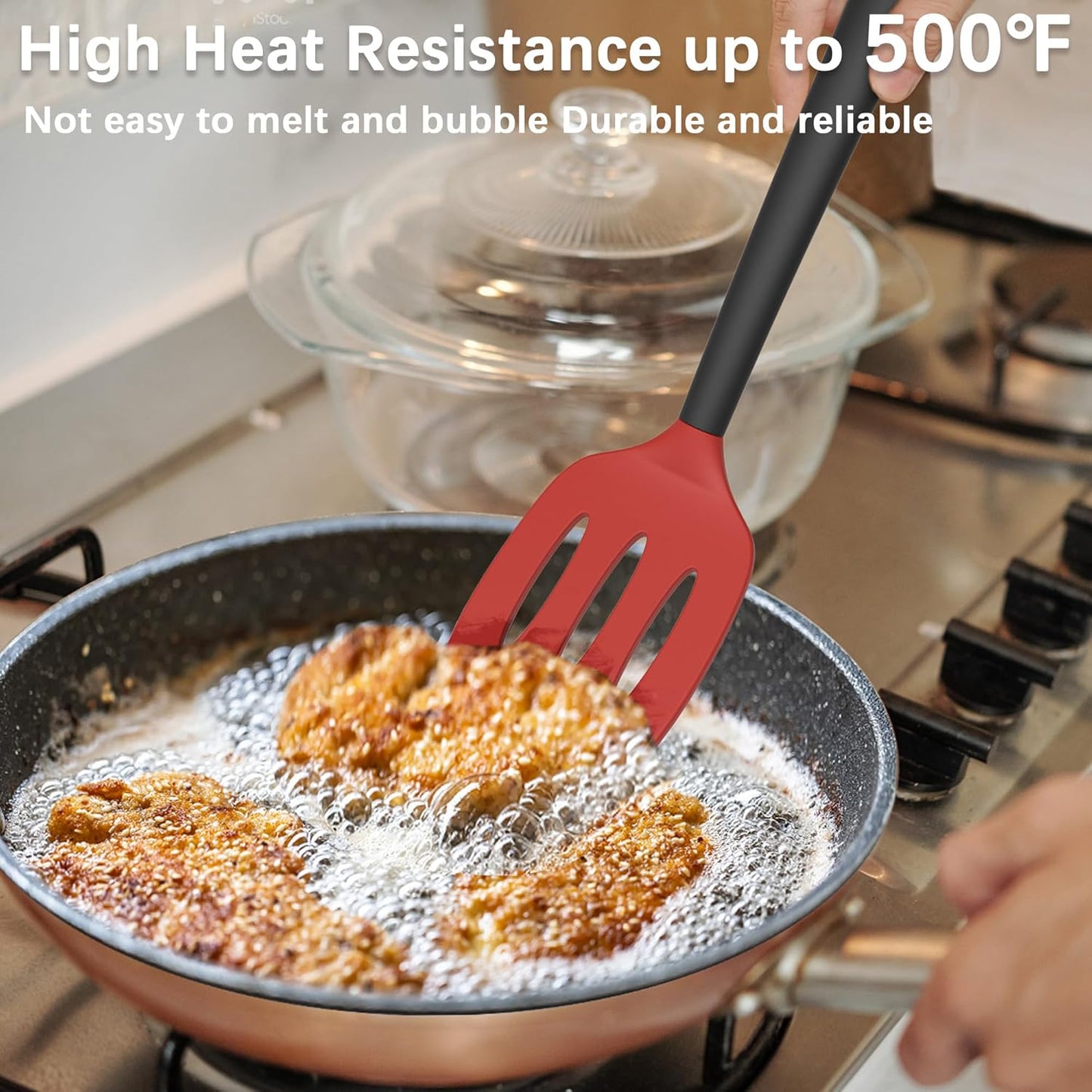 Coukre Silicone Spatula Set of 3, High Heat Resistant, BPA-Free, Kitchen Utensils, Fish Spatula, Solid & Slotted Turner for Non-Stick Pans, Flipping Eggs, Pancakes, Fish, Burgers (3, Red)