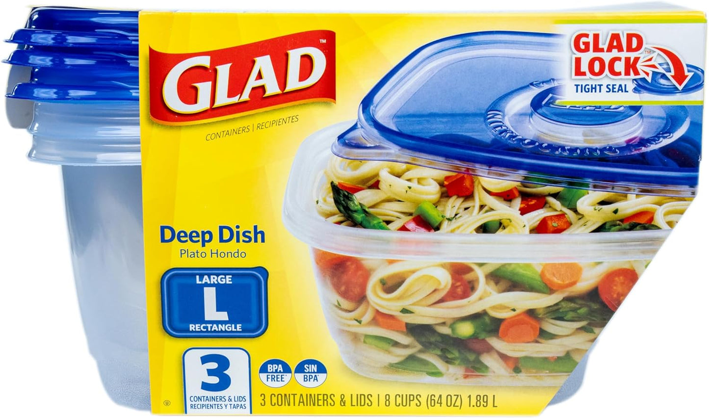 Glad GladWare Deep Dish Food Storage Containers, Large Rectangle - Meal Container Holds up to 64 Ounces of Food - Lock Tight Seal, 3 Count