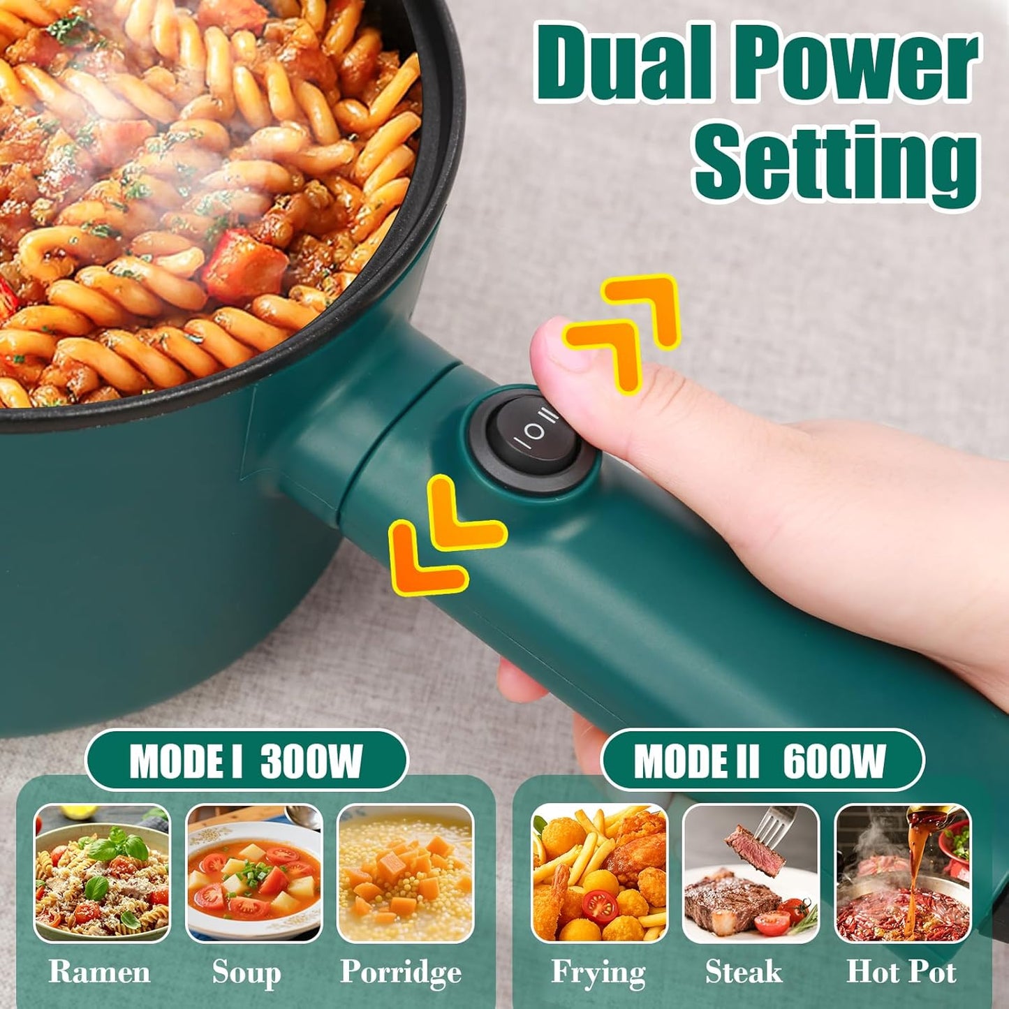 Electric Hot Pot with Steamer, 1.8L Ramen Cooker, Portable Cooking Pot Non-Stick Sauté Pan, Electric Pot for Pasta, Egg, Steak, BPA Free,Dual Power Control, Suit Dorm Room, Travel,RV,Hotel