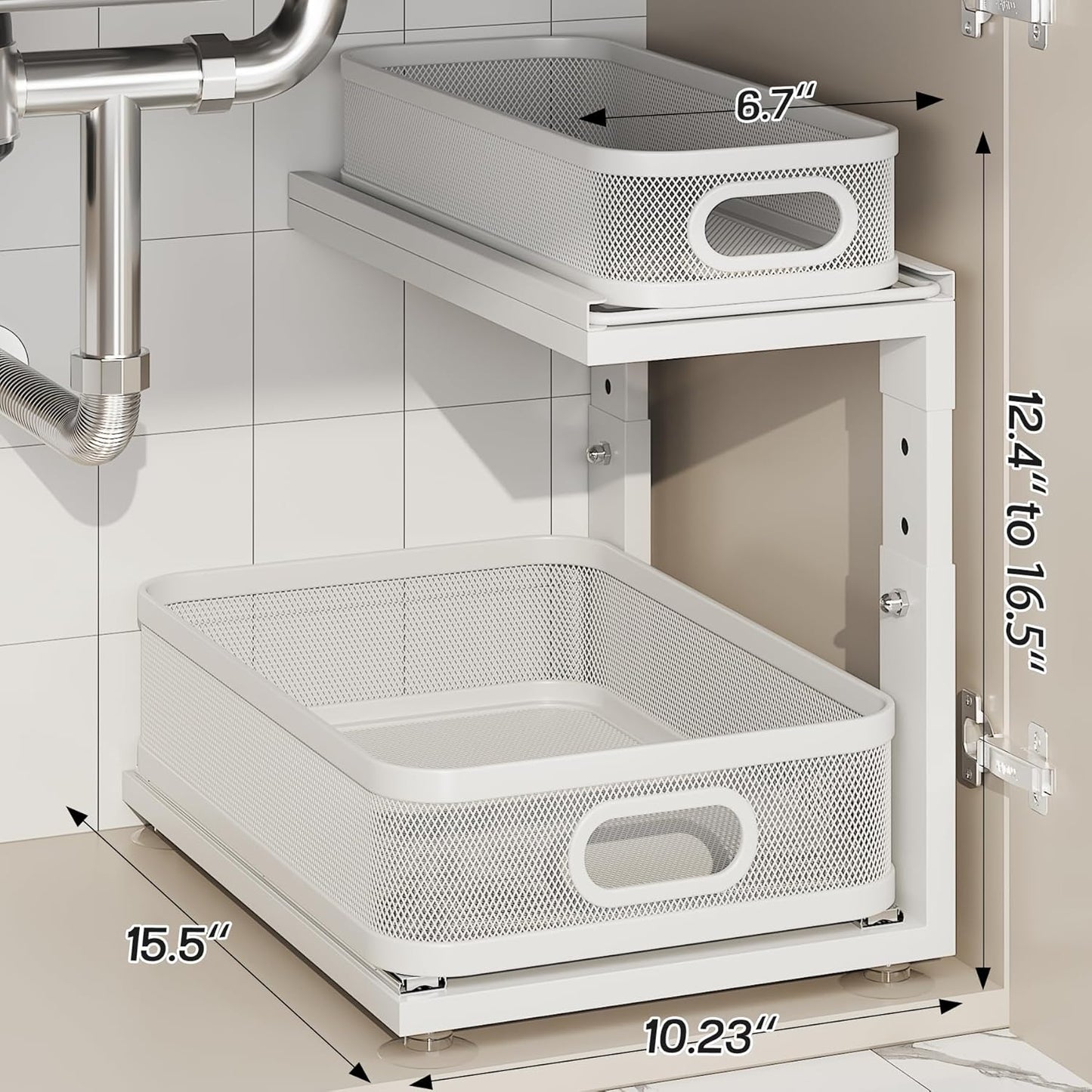 2 Pack Under Sink Organizer With Next-Gen Ball-Bearing Slides,2-Tier Precision Mesh Pull Out Cabinet Drawers Storage for Bathroom&Kitchen,Height Adjustable Shelf,Rust-resistant-Patent Pending