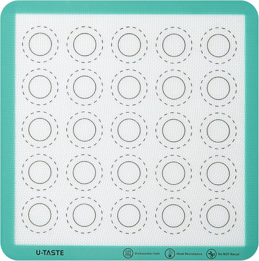 446ºF Heat Resistant Macaron Mat: U-Taste 11x11in Non Stick Silicone Baking Mat, Reusable Cookies Pastry Sheet Liner with Edge Enhancement & Circle Measurement for Square Cake Pan (Aqua Sky)