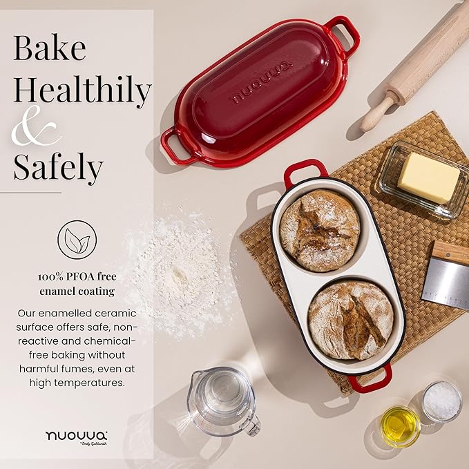 Dutch Oven For Sourdough Bread Baking – Enamelled Cast Iron Bread Loaf Pot – 500°F Oven Safe Non Stick Bread Pot – Double Round Loaf Space, 16.5cm Diameter, Red, – by Nuovva