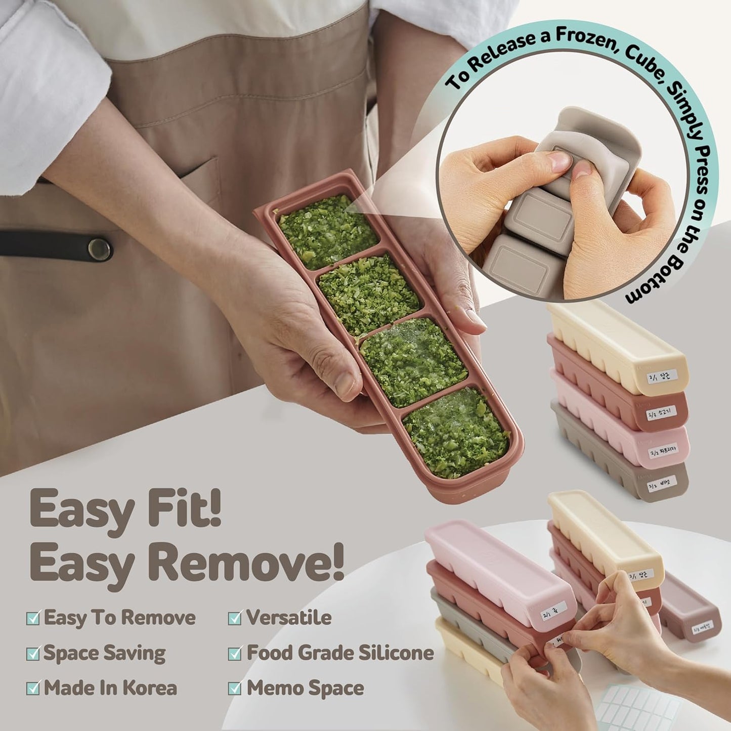 Silicone Freezer Trays with Lid,1.7oz 4 Section - Leak Proof Silicone Freezer molds for Homemade Baby Food Breastmilk, Purees, Vegetables, Baby Food Jars Ice Tray with Lid BPA Free Mix Beige