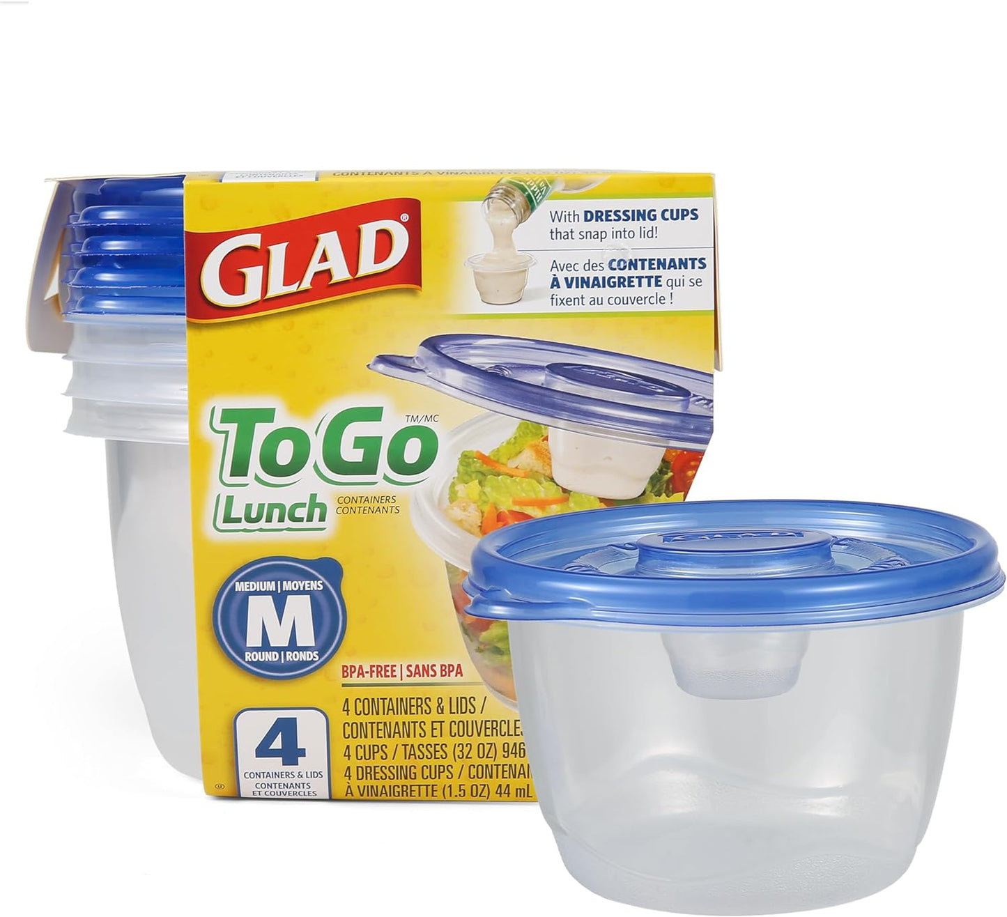 Glad GladWare To Go Lunch Food Storage Containers - Medium Round - Meal Container Holds up to 32 Ounces of Food - Lock Tight Seal, 4 Count