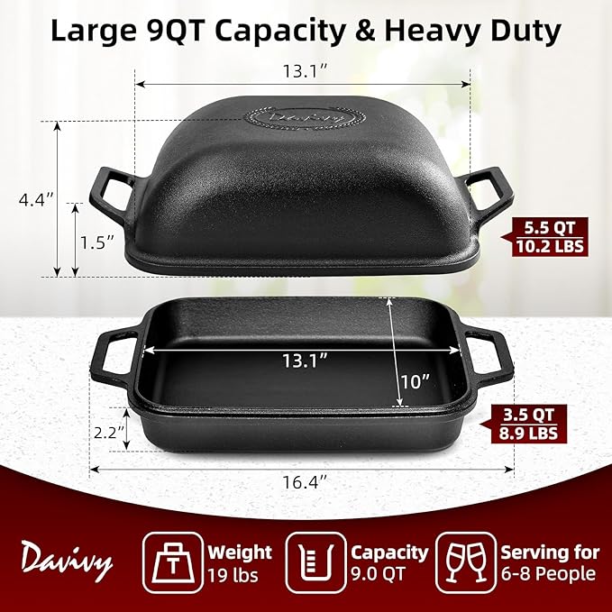 Davivy 9QT Large Cast Iron Bread Loaf Pan with Lid, Pre-Seasoned Dutch Oven for Sourdough Bread Baking, Non-stick Cast Iron Sourdough Baking Pan with Lid