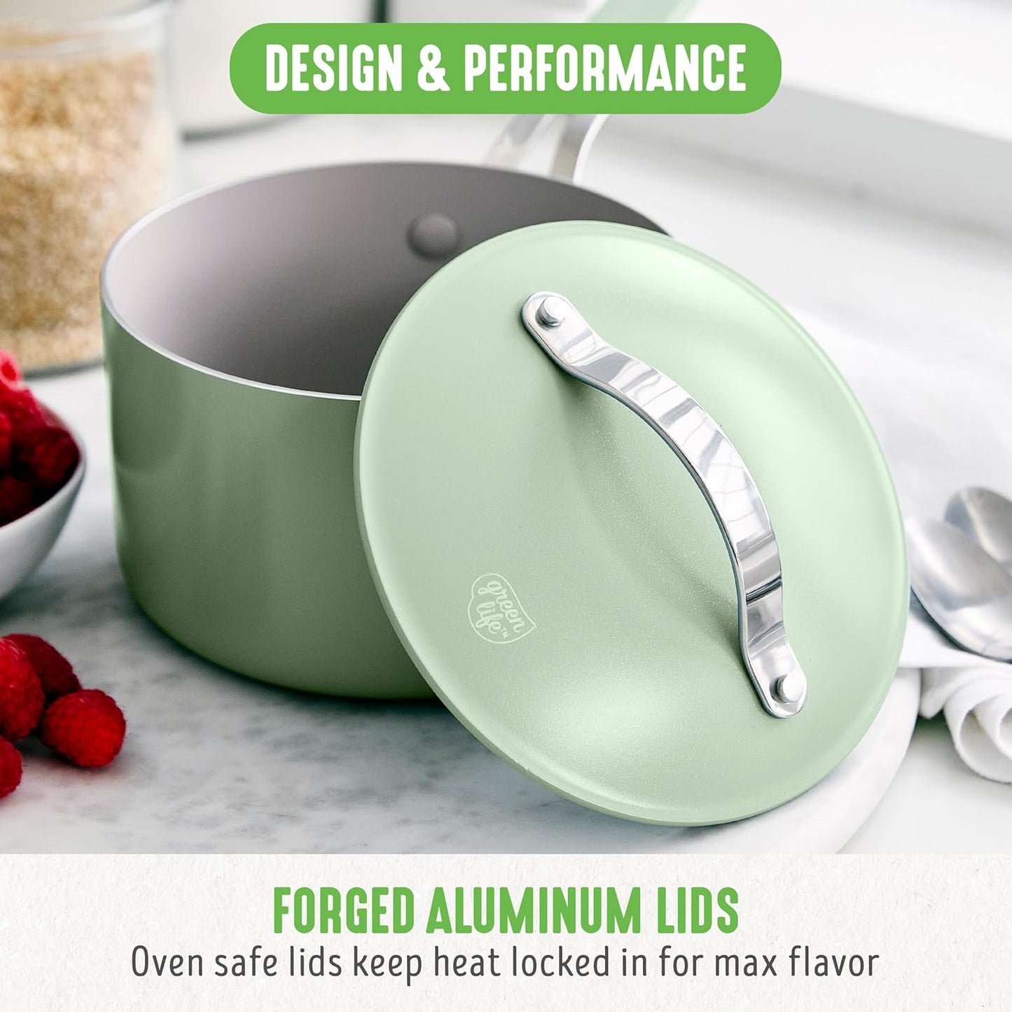 GreenLife 2 Quart Nonstick Saucepan with Lid, Lightweight Healthy PFAS-Free Milk Pan, Dishwasher & Oven Safe Soup Pan, Durable Body, Silicone Stay-Cool Handle, Easy Release Chef’s Pan, Sage Green
